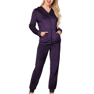 Survêtement à capuche violet pour femme, fermeture éclair intégrale, poches latérales, tenue décontractée d'automne, coupe classique, couleur unie - Product Image 1