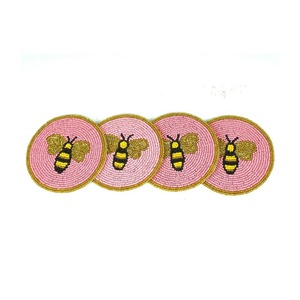 Posavasos Redondos de Vidrio con Cuentas Hechos a Mano, Diseño de Abeja Rosa, Resistentes al Calor, Antideslizantes, Bonitas Decoraciones para Mesa - Product Image 2