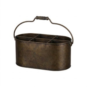 Caddie en métal galvanisé blanc vieilli de style rustique avec 4 compartiments, porte-ustensiles, organisateur de couverts et de service - Product Image 5