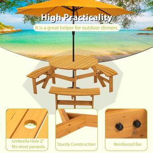 Natural 6-Person Circular Wooden Picnic Table with 3 Built-In Benches for Outdoor Patio Backyard or Garden - Product Image 4