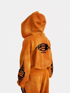 Ensemble survêtement homme personnalisé en molleton de coton épais de haute qualité, comprenant un sweat à capuche zippé et un short, orange, style vintage délavé à l'acide - Product Image 3
