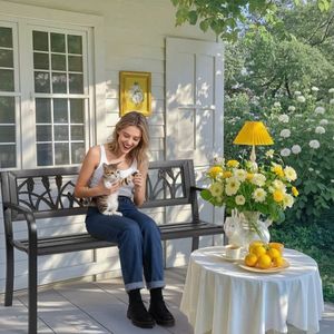 Panca in Ferro con Schienale a Tulipano in PVC Nero da 49 Pollici per Uso Esterno - Product Image 6