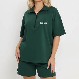 Ensemble polo et short pour femme en jersey 100% coton OEM/ODM, logo imprimé en sérigraphie personnalisé, coupe oversize à épaules tombantes, short à lacets au genou - Product Image 4