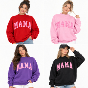 Sweat-shirt surdimensionné à col rond pour femme, motif gingham violet MAMA, avec applique lettre gingham, style universitaire, en polaire - Product Image 6