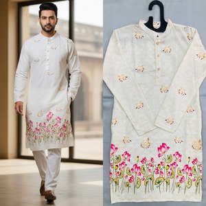 Kurta de Algodón para Hombre, Diseño Floral Bordado, Corte Regular, Largo hasta el Tobillo, Ropa Tradicional India y Pakistaní para Bodas - Product Image 3