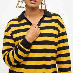 Chemise à manches longues rayée style rugby pour femmes grandes tailles, col en V surdimensionné, tricot en coton, haut décontracté respirant, chemises à manches longues - Product Image 4