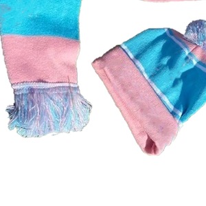 Conjunto de 2 piezas de lana 100% premium bicolor de la hermandad americana - Bufanda, gorro y guantes de punto jacquard rosa y azul - Legacy Gear - Product Image 3