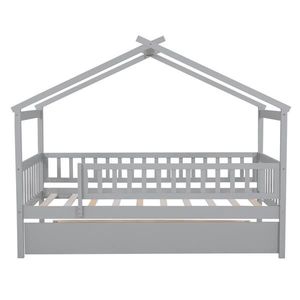Twin Size Wooden <b>House</b> <b>Bed</b> with Gray Trundle Kids' <b>Bed</b> Set - Product Image 5