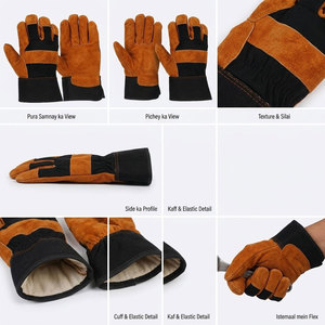 Gants de travail robustes en cuir de vachette pleine fleur avec dos en tissu denim et doublure en polaire, gants de travail industriels polyvalents - Product Image 2