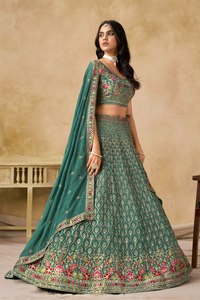 Lehenga Choli vert émeraude brodé avec imprimé floral et dupatta en organza pour les demoiselles d'honneur - Product Image 3