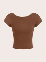 Haut court ample personnalisable de haute qualité pour femme, col rond, épaules tombantes, manches courtes, couleur unie, tricoté, respirant, séchage rapide