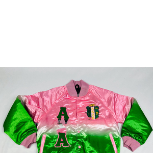 Chaqueta Bomber Ombre Unisex con Logotipo Frontal Bordado con Letras Griegas, Degradado Rosa Verde, Chaqueta de Invierno Estilo Urbano, Poliéster/Nailon - Product Image 5