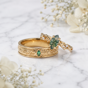 Juego de Anillos de Pareja de Ágata Musgosa Vintage, Inspirado en la Naturaleza, Anillos de Boda de Plata de Ley 925 Maciza, Juego de Anillos de Plata Fina Chapados en Oro - Product Image 1