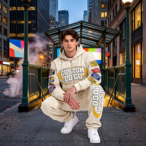 Ensemble sweat à capuche et pantalon de survêtement en coton délavé personnalisé pour homme, fermeture éclair intégrale, coupe oversize, épais, tenue décontractée streetwear - Product Image 1