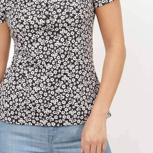 Camiseta polo de manga corta con estampado floral para mujer, top informal de algodón tejido, longitud regular, camisetas polo informales para mujer en venta - Product Image 4