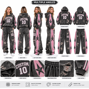 Ensemble jogging et sweat à capuche oversize personnalisé effet délavé pour femme, noir et rose, motif étoile, survêtement déchiré deux pièces, tenue streetwear - Product Image 6