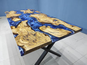 Table à manger en bois époxy bleu océan, bord naturel, design moderne, fabrication artisanale, plateau en bois époxy durable, mobilier de salle à manger, 6 places - Product Image 2