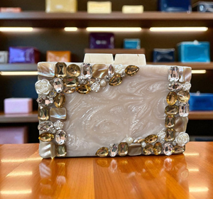 Pochette élégante en marbre avec strass en cristal, finition polie, sac à main de mariée, pochette de soirée, pochette en résine pour femme - Product Image 6