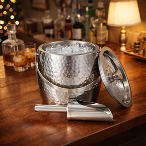 Seau à glace en métal martelé avec couvercle et pelle, grand récipient rond pour refroidir les boissons, idéal pour la maison, les restaurants, les hôtels et les fêtes - Product Image 1