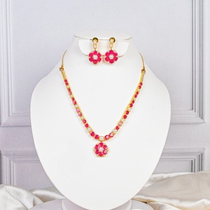 Gold Plated <b>Ruby</b> Pearl Floral <b>Necklace</b> Engagement Bezel Setting Vintage Lightweight Bridal Jewelry Traditional Indian Wedding - Product Image 1