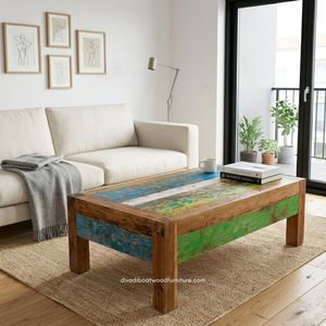 Handcrafted <b>Rustic</b> Wooden <b>Coffee</b> <b>Table</b> With Drawer Reclaimed Boat Wood Antique Finish Indoor Outdoor Living Room Furniture - Product Image 4