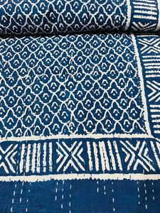 Silkgram Traditional Indigo Cotton Kantha <b>Quilt</b> Blue Floral Hand-Stitched Eco-Friendly All-Season Home Decor <b>Throw</b> Cover - Product Image 3