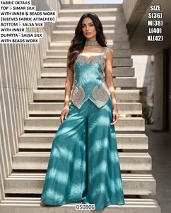 Ensemble palazzo long en soie Simar brodée de couleur turquoise avec perles, tenue de mariage traditionnelle pour femme, coupe ample - Product Image 1