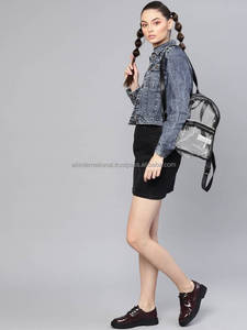 Vente en gros Manteau en jean bleu moyen avec broderie de perles fantaisie à manches longues hauts courts à la mode jean respirant - Product Image 3