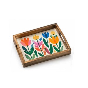 <b>Wood</b> Serving <b>Tray</b> With Colorful Floral Pattern Handle Residential Use - Product Image 2