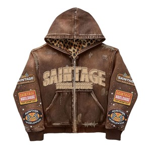 Vintage Wash Rhinestone Patch Men's Winter <b>Hoodie</b> <b>Brown</b> <b>Zip</b>-Up Streetwear Distressed Eco-Friendly Breathable 350 GSM Cotton - Product Image 4