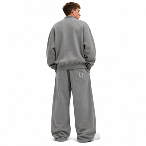 High Demand Tackle Twill Applique <b>Grey</b> Oversized Mock Neck <b>Sweatshirt</b> Baggy Pants Custom Embroidery Heavy Fleece Hoodies Sets - Product Image 3