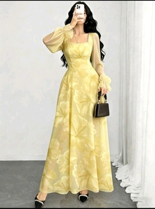 Woman's Floral Maxi <b>Dress</b> Full Sleeves <b>Dress</b> Square Neck A Line Long <b>Dress</b> for Party Holiday - Product Image 6