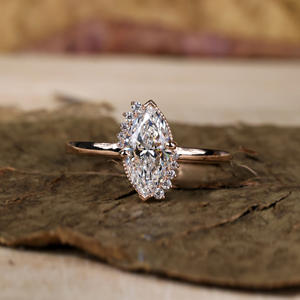 Marquise Cut Moissanite Diamond Engagement <b>Ring</b> Asymmetrical Halo Bridal Promise <b>Ring</b> Yellow Gold IGI Certified Anniversary 18k - Product Image 1