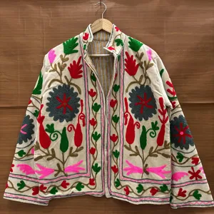 Elegant Ivory <b>Velvet</b> Floral Embroidered Suzani <b>Jacket</b> Full Sleeve Stand Collar Handmade Bohemian Winter Outerwear - Product Image 4