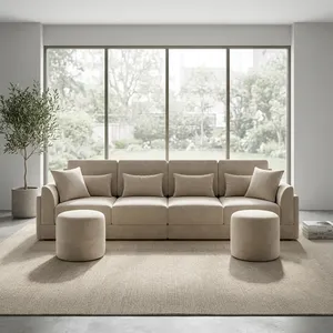 Canapé trois places en tissu minimaliste avec dossier rembourré et accoudoirs capitonnés, canapé-lit rembourré pour salon, couleur beige - Product Image 5