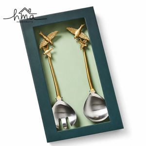 Elegant Brass Bird Design Salad <b>Serving</b> <b>Spoon</b> and Fork Set <b>Gold</b> Handle with Silver Oval Heads Long Slim Shape Decorative Dining - Product Image 1
