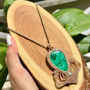 Handmade Beige Macrame Malachite <b>Necklace</b> Adjustable Boho Healing Ethnic <b>Statement</b> Jewelry Women - Product Image 1