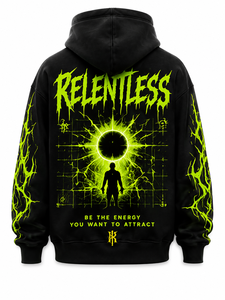 เสื้อฮู้ดดี้สีดำแบบไม่มีลาย แบรนด์ Relentless สำหรับผู้ชาย สไตล์สตรีทแวร์ ทรงโอเวอร์ไซส์ พิมพ์ลายเปลวไฟสีเขียวนีออน ดีไซน์กระเป๋าเสื้อ ผลิตจากโพลีเอสเตอร์ 100% ผ้าเฟรนช์เทอร์รี่ - Product Image 2