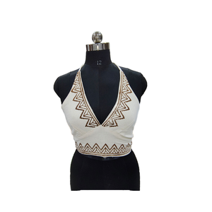 Blusa Corta de Verano para Mujer, Estilo Bohemio, Geométrica, con Escote en V Profundo, Bordada, Tejida, Transpirable, de Algodón Ecológico - Product Image 1