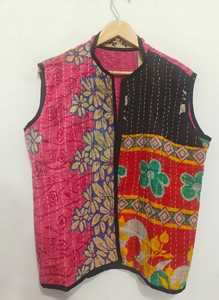 Handmade Kantha Bohemian Elegant Handmade Cotton Kantha V-Neck <b>Women's</b> <b>Waistcoat</b> Winter Short Jacket Vest with <b>Embroidered</b> Back - Product Image 3
