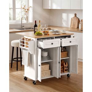 Îlot de cuisine en bois massif avec rangement, chariot mobile de 43,58 pouces de large avec roulettes pivotantes, 2 tiroirs et armoire de rangement - Product Image 2