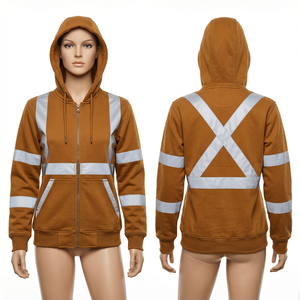 Sweat à capuche de travail en molleton de coton et polyester 320 GSM pour hommes et femmes, marron, avec bande réfléchissante, design personnalisé, logo, vêtements de sécurité - Product Image 1