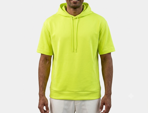 Men's Neon Yellow Embroidered Custom Printed <b>Short</b> <b>Sleeve</b> <b>Hoodie</b> Regular Fit Knitted Casual Sportswear Autumn Solid Color - Product Image 1