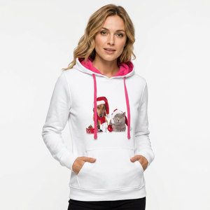 Felpa Invernale da Donna Bianca Vintage con Cappuccio, Stampa Natalizia Cani e <span class=keywords><strong>Gatti</strong></span>, Cordoncini Rosa, 100% Cotone Lavorato a Maglia, Anti-restringimento - Product Image 3
