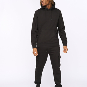 Survêtement en molleton noir à capuche pour homme, manches longues, couleur unie, respirant, décontracté, avec poches latérales et cordon de serrage, style hiver - Product Image 1