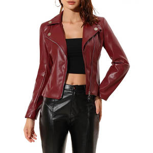 Chaqueta de Motociclista de Cuero Sintético Color Borgoña para Mujer, Corte Entallado, Cuello Camisero, Cierre de Cremallera, Color Sólido, Estilo Otoñal - Product Image 3