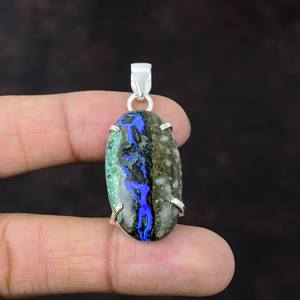 Pendentif bohème artisanal en azurite et malachite, argent sterling 925, pierre précieuse naturelle bleu-vert, bijoux pour femmes - Product Image 6