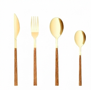Ensemble de couverts modernes en or avec manche en bois, compatibles lave-vaisselle, couverts de mariage, cuillère, fourchette, couteau en acier inoxydable - Product Image 1