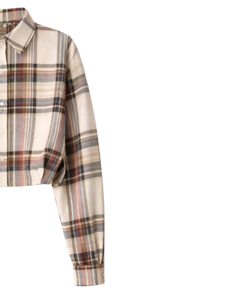 Chemisier court pour femme à carreaux beiges, col rabattu, manches longues, boutonné, style décontracté, personnalisé par le fabricant, fournisseur OEM - Product Image 4