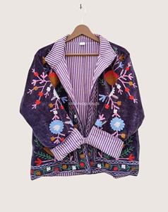Purple Velvet Embroidered Bohemian <b>Coat</b> With Floral Hand <b>Stitching</b> Full Sleeve Turn-down Collar Plus Size Women's Outerwear - Product Image 4